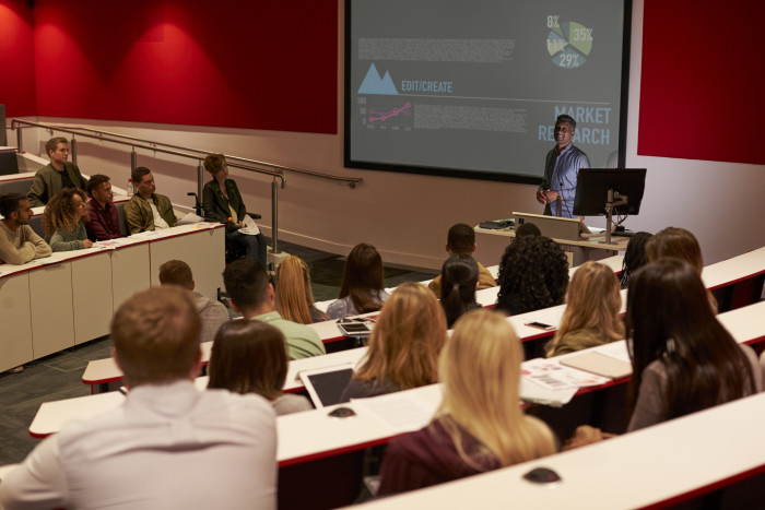 Lecturer teaching students about market research