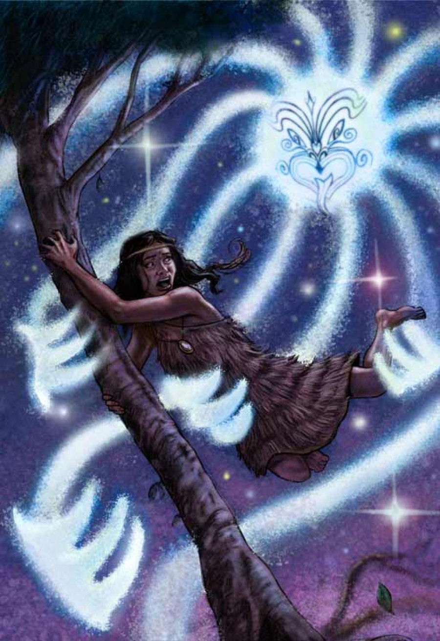 Illustration of Rona clinging to a ngaio tree as rays of moonlight pull her towards the sky